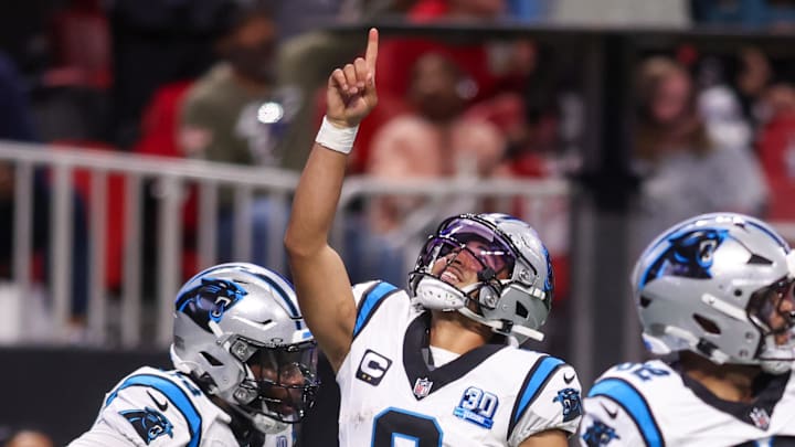Jan 5, 2025; Atlanta, Georgia, USA; Carolina Panthers quarterback Bryce Young (9) celebrates after a touchdown against the Atlanta Falcons in the fourth quarter at Mercedes-Benz Stadium. Mandatory Credit: Brett Davis-Imagn Images