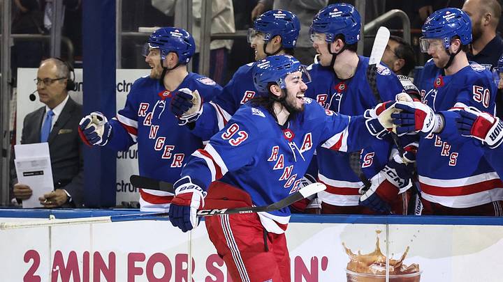 Mar 31, 2026; New York, New York, USA;  New York Rangers center Mika Zibanejad (93) celebrates with his teammates after scoring a goal in the third period against the New Jersey Devils at Madison Square Garden. Mandatory Credit: Wendell Cruz-Imagn Images