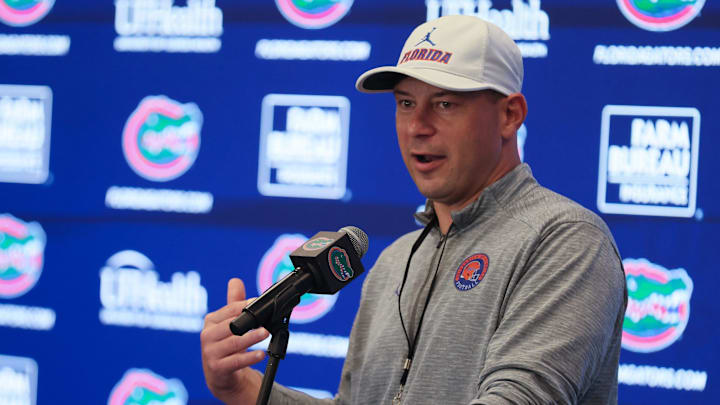 Florida head coach Jon Sumrall speaks during a press conference after the first day of Florida Spring football practice at Heavener Football Center in Gainesville, FL on Tuesday, March 3, 2026. [Alan Youngblood/Gainesville Sun]