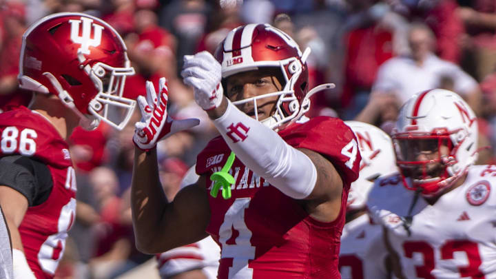 Indiana Hoosiers wide receiver Myles Price (4) celebrates scoring a touchdown during the fourth quarter of a game against the Nebraska Cornhuskers at Memorial Stadium.