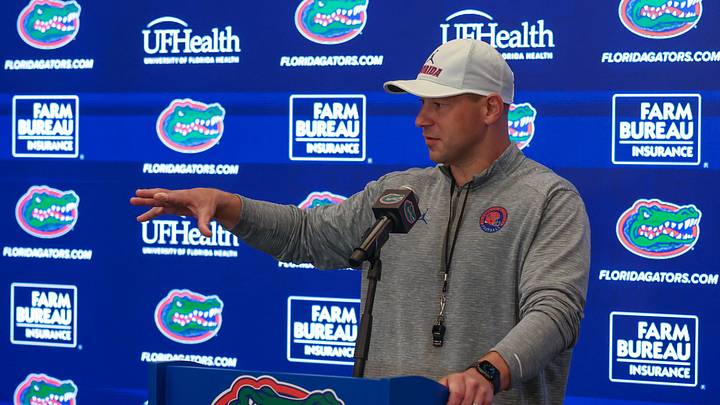 Florida head coach Jon Sumrall speaks during a press conference after the first day of Florida Spring football practice at Heavener Football Center in Gainesville, FL on Tuesday, March 3, 2026. [Alan Youngblood/Gainesville Sun]