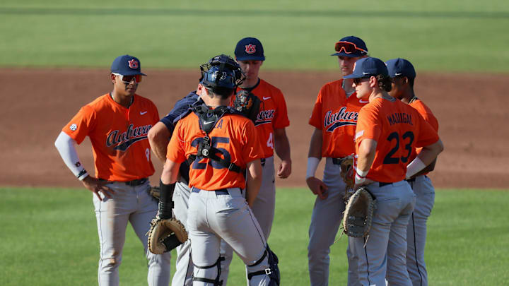 Auburn has a mound conference durning and NCAA baseball game against Florida at Condron Family Ballparkin Gainesville, FL on Friday, April 17, 2026. [Alan Youngblood/Gainesville Sun]