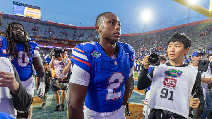 Florida quarterback DJ Lagway (2) heads to the locker room after beating Texas 29-21 after the second half an NCAA football game in Gainesville, FL on Saturday, October 4, 2025. Florida quarterback DJ Lagway (2) heads to the locker room after beating Texas 29-21 after the second half an NCAA football game in Gainesville, FL on Saturday, October 4, 2025.