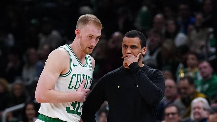 Feb 14, 2024; Boston, Massachusetts, USA; Boston Celtics head coach Joe Mazzulla talks with forward Sam Hauser (30) from the sideline at they take on the Brooklyn Nets at TD Garden. Mandatory Credit: David Butler II-USA TODAY Sports Feb 14, 2024; Boston, Massachusetts, USA; Boston Celtics head coach Joe Mazzulla talks with forward Sam Hauser (30) from the sideline at they take on the Brooklyn Nets at TD Garden. Mandatory Credit: David Butler II-USA TODAY Sports