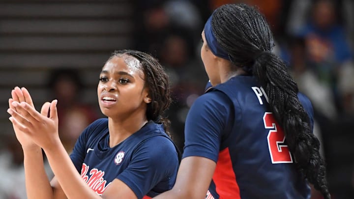 Ole Miss Rebels guard Tianna Thompson (35) celebrates with teammates after drawing a foul Saturday, March 7, 2026, during the SEC Women's Basketball Tournament semifinals game against the Texas Longhorns at Bon Secours Wellness Arena in Greenville, South Carolina. Texas Longhorns won 85-68.