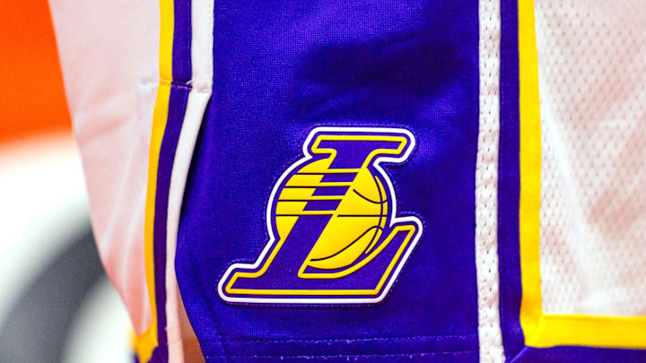 Nov 14, 2025; New Orleans, Louisiana, USA; Detailed view of the Los Angeles Lakers logo against the New Orleans Pelicans during the second half at Smoothie King Center. Mandatory Credit: Stephen Lew-Imagn Images Nov 14, 2025; New Orleans, Louisiana, USA; Detailed view of the Los Angeles Lakers logo against the New Orleans Pelicans during the second half at Smoothie King Center. Mandatory Credit: Stephen Lew-Imagn Images
