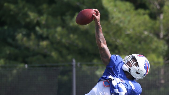 Bills defensive tackle Christian Benford makes a one-handed grab during position drills during day six of Buffalo Bills training camp at St. John Fisher University Tuesday, July 29, 2025 in Pittsford, NY.