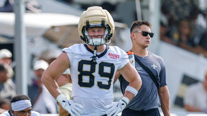 Jul 30, 2026; Metairie, LA, USA; New Orleans Saints wide receiver Brock Rechsteiner (89) during training camp at Ochsner Sports Performance Center. Mandatory Credit: Stephen Lew-Imagn Images Jul 30, 2026; Metairie, LA, USA; New Orleans Saints wide receiver Brock Rechsteiner (89) during training camp at Ochsner Sports Performance Center. Mandatory Credit: Stephen Lew-Imagn Images