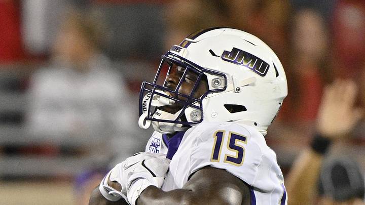 Sep 5, 2025; Louisville, Kentucky, USA;  James Madison Dukes defensive end Sahir West (15) reacts during the second half against the Louisville Cardinals at L&N Federal Credit Union Stadium. Mandatory Credit: Jamie Rhodes-Imagn Images