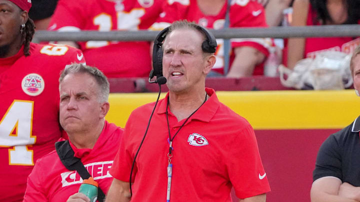 Sep 15, 2024; Kansas City, Missouri, USA; Kansas City Chiefs defensive coordinator Steve Spagnuolo watches play against the Cincinnati Bengals during the game at GEHA Field at Arrowhead Stadium. Mandatory Credit: Denny Medley-Imagn Images