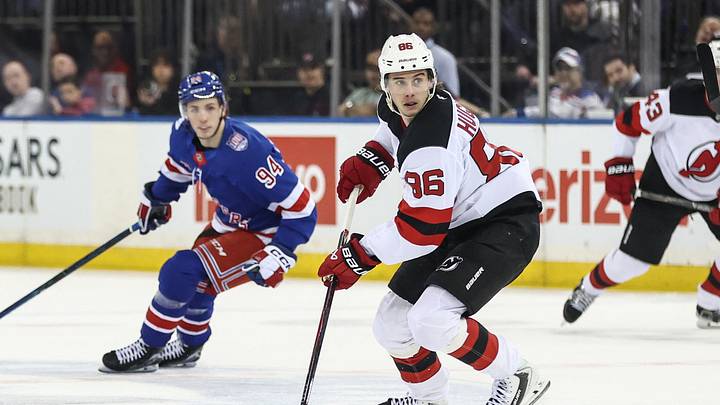 Mar 31, 2026; New York, New York, USA; New Jersey Devils center Jack Hughes (86) controls the puck in the first period against the New York Rangers at Madison Square Garden. Mandatory Credit: Wendell Cruz-Imagn Images Mar 31, 2026; New York, New York, USA; New Jersey Devils center Jack Hughes (86) controls the puck in the first period against the New York Rangers at Madison Square Garden. Mandatory Credit: Wendell Cruz-Imagn Images