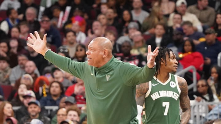 Mar 1, 2026; Chicago, Illinois, USA; Milwaukee Bucks Head Coach Doc Rivers gestures to his team against the Chicago Bulls during the second half at United Center. Mandatory Credit: David Banks-Imagn Images