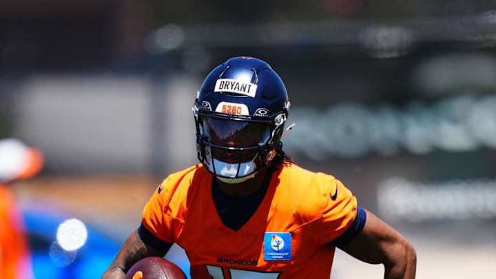 May 10, 2025; Englewood, CO, USA; Denver Broncos wide receiver Pat Bryant (13) during rookie minicamp at Broncos Park Powered by CommonSpirit. Mandatory Credit: Ron Chenoy-Imagn Images