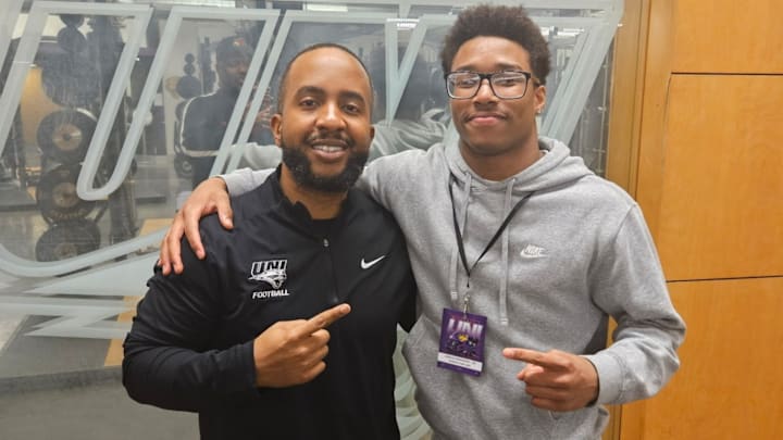 UNI cornerbacks coach Kevin Hodges and Josh Anderson at Panther Junior Day