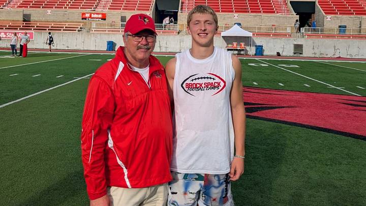 Levi McLaughlin and Illinois State head football coach Brock Spack Levi McLaughlin and Illinois State head football coach Brock Spack