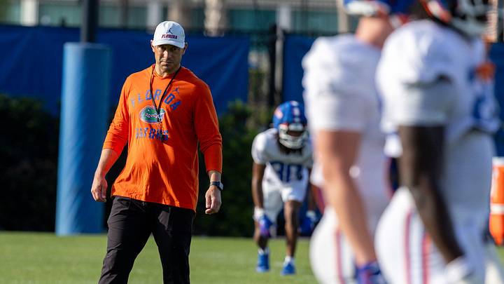 Florida head coach Jon Sumrall watches defensive drills during spring practice at Sanders Practice Fields in Gainesville, FL on Tuesday, March 31, 2026. [Alan Youngblood/Gainesville Sun]
