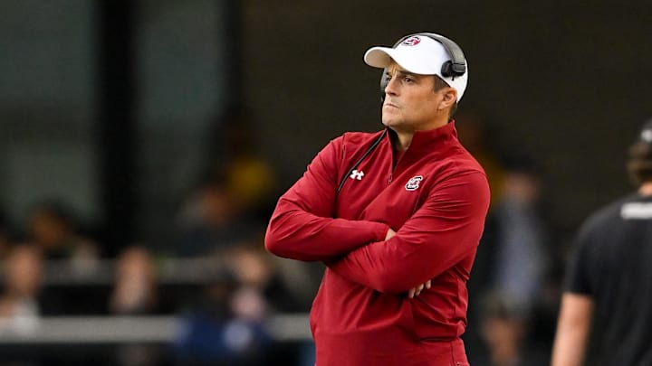 Nov 9, 2024; Nashville, Tennessee, USA;  South Carolina Gamecocks head coach Shane Beamer watches from the sidelines against the Vanderbilt Commodores during the first half at FirstBank Stadium. Mandatory Credit: Steve Roberts-Imagn Images