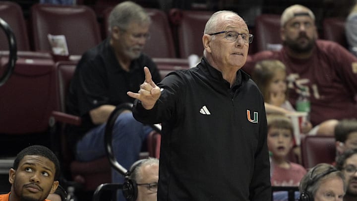 Mar 9, 2024; Tallahassee, Florida, USA; Miami Hurricanes head coach Jim Larranaga reacts during the second half against the Florida State Seminoles at Donald L. Tucker Center. Mandatory Credit: Melina Myers-Imagn Images Mar 9, 2024; Tallahassee, Florida, USA; Miami Hurricanes head coach Jim Larranaga reacts during the second half against the Florida State Seminoles at Donald L. Tucker Center. Mandatory Credit: Melina Myers-Imagn Images