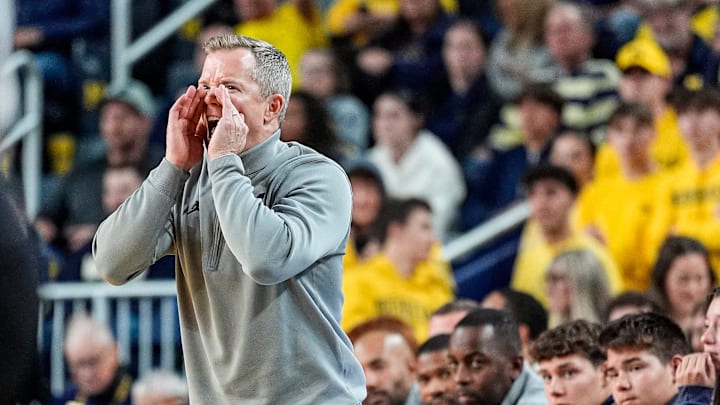 Michigan head coach Dusty May reacts to a play against Oakland during the first half at Crisler Center in Ann Arbor on Monday, November 3, 2025.