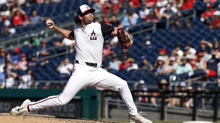 Jun 9, 2024; Washington, District of Columbia, USA; Washington Nationals relief pitcher Kyle Finnegan (67) pitches against the Atlanta Braves during the ninth inning at Nationals Park. Mandatory Credit: Geoff Burke-USA TODAY Sports Jun 9, 2024; Washington, District of Columbia, USA; Washington Nationals relief pitcher Kyle Finnegan (67) pitches against the Atlanta Braves during the ninth inning at Nationals Park. Mandatory Credit: Geoff Burke-USA TODAY Sports