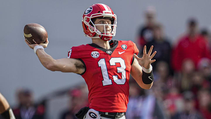 Nov 26, 2022; Athens, Georgia, USA; Georgia Bulldogs quarterback Stetson Bennett (13) passes the