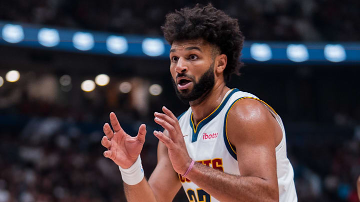 Oct 6, 2025; Vancouver, British Columbia, CAN; Denver Nuggets guard Jamal Murray (27) looks for a pass against the Toronto Raptors in the first half at Rogers Arena. Mandatory Credit: Bob Frid-Imagn Images