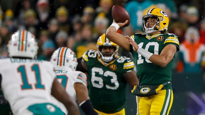 Green Bay Packers quarterback Jordan Love (10) passes the ball against the Miami Dolphins on Thursday, November 28, 2024, at Lambeau Field in Green Bay, Wis. The Packers won the game, 30-17. Green Bay Packers quarterback Jordan Love (10) passes the ball against the Miami Dolphins on Thursday, November 28, 2024, at Lambeau Field in Green Bay, Wis. The Packers won the game, 30-17.