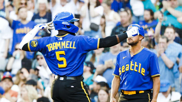 May 26, 2023; Seattle, Washington, USA; Seattle Mariners left fielder Taylor Trammell (5) celebrates May 26, 2023; Seattle, Washington, USA; Seattle Mariners left fielder Taylor Trammell (5) celebrates