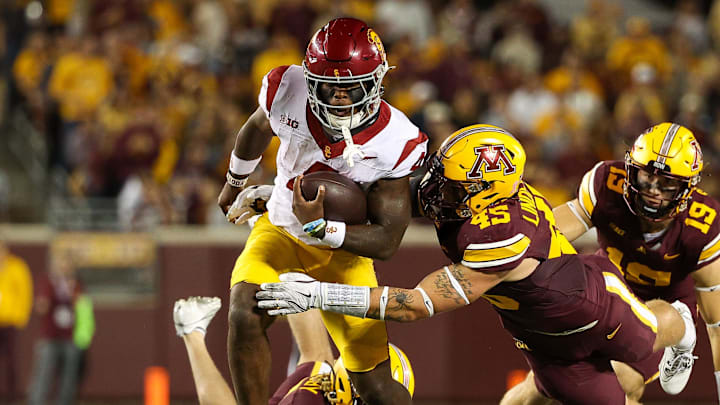 Oct 5, 2024; Minneapolis, Minnesota, USA; USC Trojans running back Woody Marks (4) runs the ball against the Minnesota Golden Gophers during the first half at Huntington Bank Stadium. Mandatory Credit: Matt Krohn-Imagn Images Oct 5, 2024; Minneapolis, Minnesota, USA; USC Trojans running back Woody Marks (4) runs the ball against the Minnesota Golden Gophers during the first half at Huntington Bank Stadium. Mandatory Credit: Matt Krohn-Imagn Images