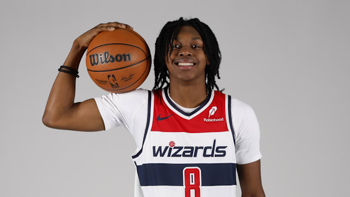 Sep 30, 2024; Washington, DC, USA; Washington Wizards guard Bub Carrington (8) poses for a portrait during Washington Wizards media day 2024 at Capital One Arena. Mandatory Credit: Geoff Burke-Imagn Images