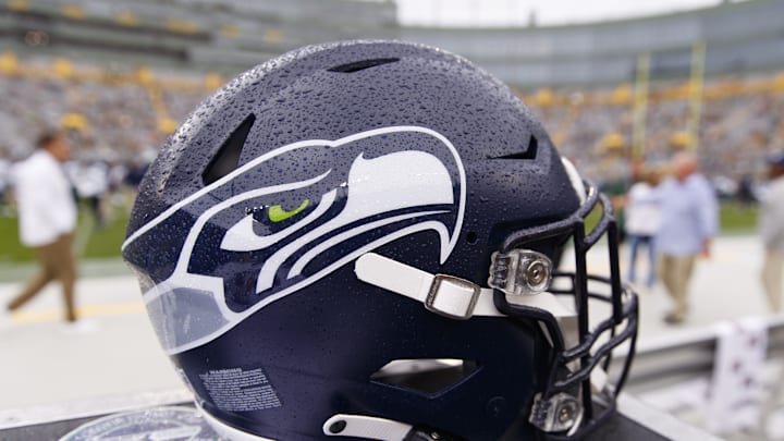 Aug 26, 2023; Green Bay, Wisconsin, USA; A Seattle Seahawks helmet sits on the sidelines during warmups prior to the game against the Green Bay Packers at Lambeau Field. 