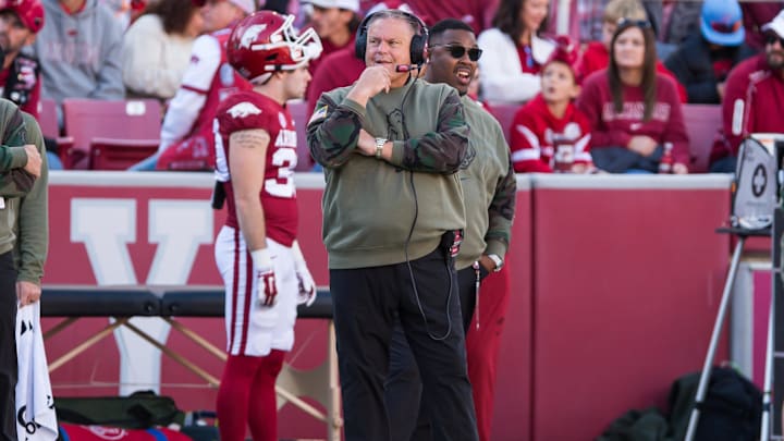 Nov 11, 2023; Fayetteville, Arkansas, USA;  Arkansas Razorbacks head coach Sam Pittman looks on during the first quarter against the Auburn Tigers at Donald W. Reynolds Razorback Stadium. Auburn won 48-10. Mandatory Credit: Brett Rojo-USA TODAY Sports