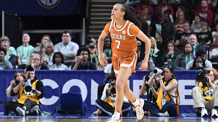 Texas Longhorns guard Jordan Lee (7) celebrates after scoring Sunday, March 8, 2026, during the SEC Women's Basketball Tournament Championship game against the South Carolina Gamecocks at Bon Secours Wellness Arena in Greenville, South Carolina. Texas Longhorns guard Jordan Lee (7) celebrates after scoring Sunday, March 8, 2026, during the SEC Women's Basketball Tournament Championship game against the South Carolina Gamecocks at Bon Secours Wellness Arena in Greenville, South Carolina.