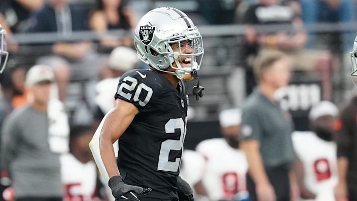 Sep 29, 2024; Paradise, Nevada, USA; Las Vegas Raiders safety Isaiah Pola-Mao (20) celebrates after getting a sack against the Cleveland Browns during the third quarter at Allegiant Stadium. Mandatory Credit: Stephen R. Sylvanie-Imagn Images Sep 29, 2024; Paradise, Nevada, USA; Las Vegas Raiders safety Isaiah Pola-Mao (20) celebrates after getting a sack against the Cleveland Browns during the third quarter at Allegiant Stadium. Mandatory Credit: Stephen R. Sylvanie-Imagn Images