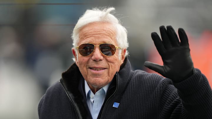 Dec 28, 2025; East Rutherford, New Jersey, USA; New England Patriots owner Robert Kraft waves prior to the game against the New York Jets at MetLife Stadium. 