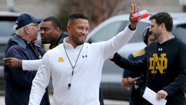 Notre Dame Head Coach Marcus Freeman at Notre Dame spring football practice Thursday, March 7, 2024,