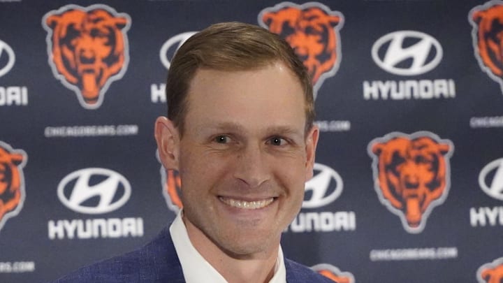 Jan 22, 2025; Lake Forest, IL, USA; Chicago Bears head coach Ben Johnson answers questions during a introductory press conference at PNC Center. Mandatory Credit: David Banks-Imagn Images
