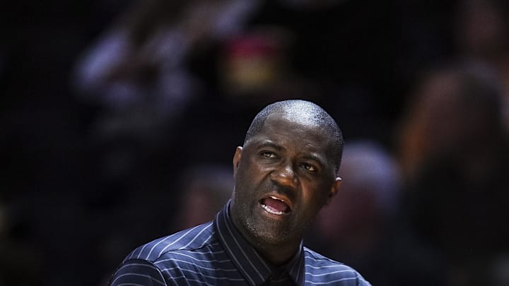 Oct 30, 2021; Knoxville, TN, USA; Lenoir-Rhyne Bears head coach Everick Sullivan coaching during the first half against the Tennessee Volunteers at Thompson-Boiling Arena. Mandatory Credit: Bryan Lynn-Imagn Images
