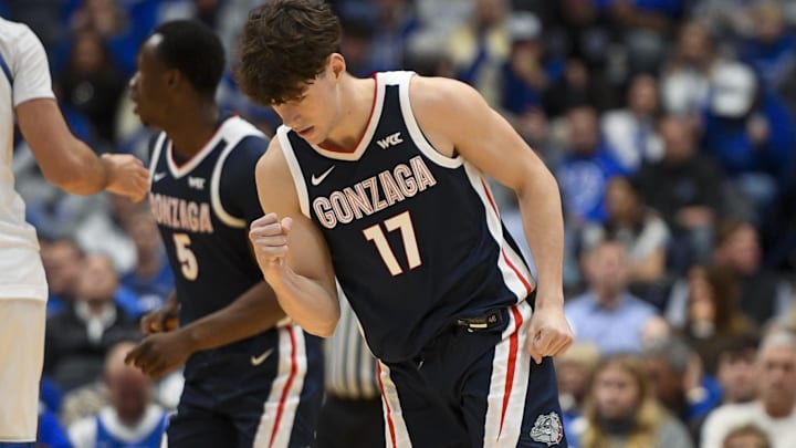Dec 5, 2025; Nashville, TN, USA;  Gonzaga Bulldogs guard Mario Saint-Supery (17) reacts after a made three point basket against the Kentucky Wildcats during the first half at Bridgestone Arena. Mandatory Credit: Steve Roberts-Imagn Images