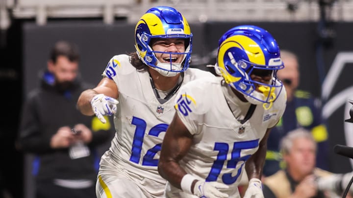 Dec 29, 2025; Atlanta, Georgia, USA; Los Angeles Rams wide receiver Puka Nacua (12) celebrates with wide receiver Konata Mumpfield (15) after a touchdown against the Atlanta Falcons in the fourth quarter at Mercedes-Benz Stadium. Mandatory Credit: Brett Davis-Imagn Images