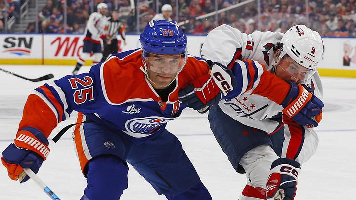 Jan 24, 2026; Edmonton, Alberta, CAN; Edmonton Oilers defensemen Darnell Nurse (25) and Washington Capitals forward Ryan Leonard (9) battle for a loose puck during the second period at Rogers Place. Mandatory Credit: Perry Nelson-Imagn Images Jan 24, 2026; Edmonton, Alberta, CAN; Edmonton Oilers defensemen Darnell Nurse (25) and Washington Capitals forward Ryan Leonard (9) battle for a loose puck during the second period at Rogers Place. Mandatory Credit: Perry Nelson-Imagn Images