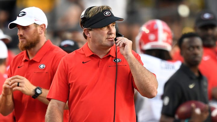 Georgia head coach Kirby Smart walks the sideline during the first half against Vanderbilt at Vanderbilt Stadium in Nashville, Tenn., Saturday, Aug. 31, 2019.

An58878