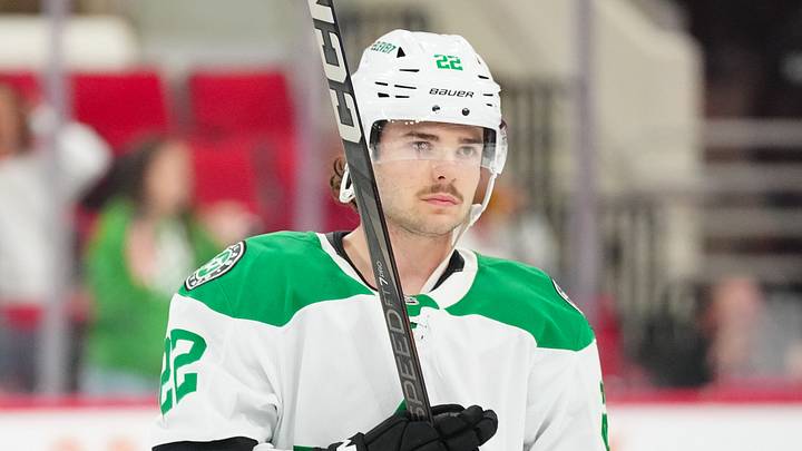 Nov 25, 2024; Raleigh, North Carolina, USA;  Dallas Stars center Mavrik Bourque (22) during the warmups before the game against the Carolina Hurricanes at Lenovo Center. Mandatory Credit: James Guillory-Imagn Images