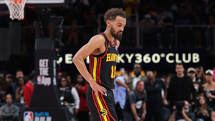 Trae Young reacts during a Play-In loss to the Miami Heat