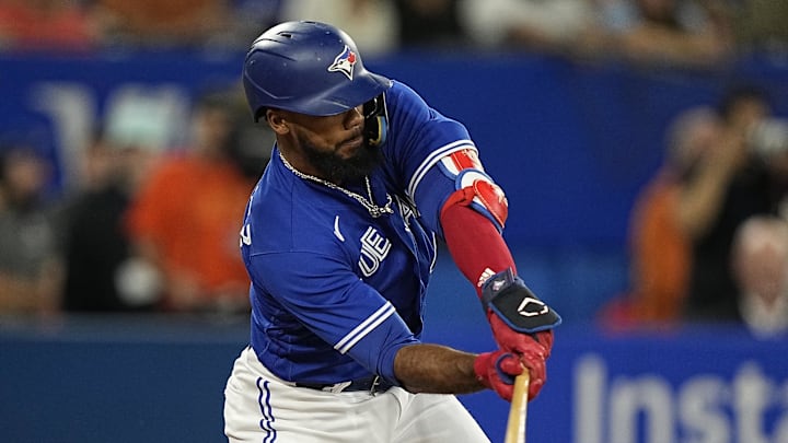 Toronto Blue Jays right fielder Teoscar Hernandez (37) hits a single against the Boston Red Sox during the second inning at Rogers Centre in 2022. Toronto Blue Jays right fielder Teoscar Hernandez (37) hits a single against the Boston Red Sox during the second inning at Rogers Centre in 2022.