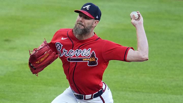 Oct 6, 2026; Cumberland, Georgia, USA;  Atlanta Braves pitcher Chris Sale (51) throws to the plate against the Los Angeles Dodgers during the first inning in game three of the NLDS for the 2026 MLB Playoffs at Truist Park.  Mandatory Credit: Dale Zanine-Imagn Images