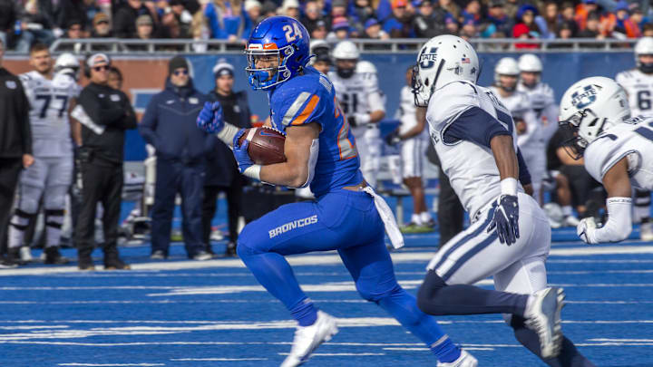 Nov 25, 2022; Boise, Idaho, USA; Boise State Broncos running back George Holani (24) runs during the