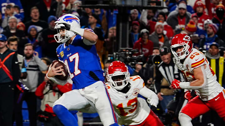 Bills quarterback Josh Allen avoids Kansas City's Nazeeh Johnson and Drue Tranquill on his late fourth quarter touchdown carry into the end zone in Orchard Park, Nov.17, 2024. Bills quarterback Josh Allen avoids Kansas City's Nazeeh Johnson and Drue Tranquill on his late fourth quarter touchdown carry into the end zone in Orchard Park, Nov.17, 2024.
