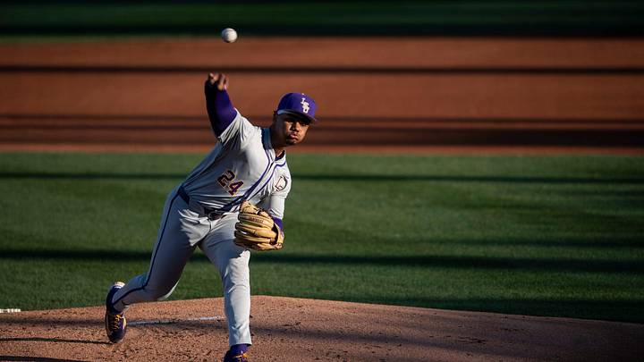 LSU Tigers' Anthony Eyanson (24) pitches the ball as Auburn Tigers take on LSU Tigers at Plainsman Park in Auburn, Ala., on Saturday, April 12, 2025.