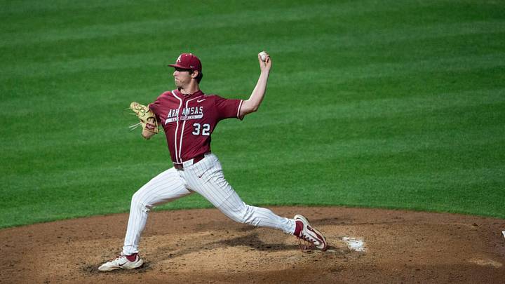 Arkansas Razorbacks' Hunter Dietz (32) pitches as Auburn Tigers take on Arkansas Razorbacks at Plainsman Park in Auburn, Ala. on Friday, April 3, 2026. Arkansas Razorbacks defeated Auburn Tigers 3-2.